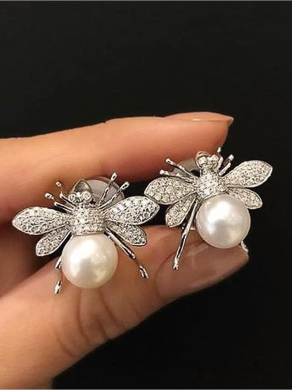 Pearl Bee Stud Earrings With Crystal Cubic Zirconia